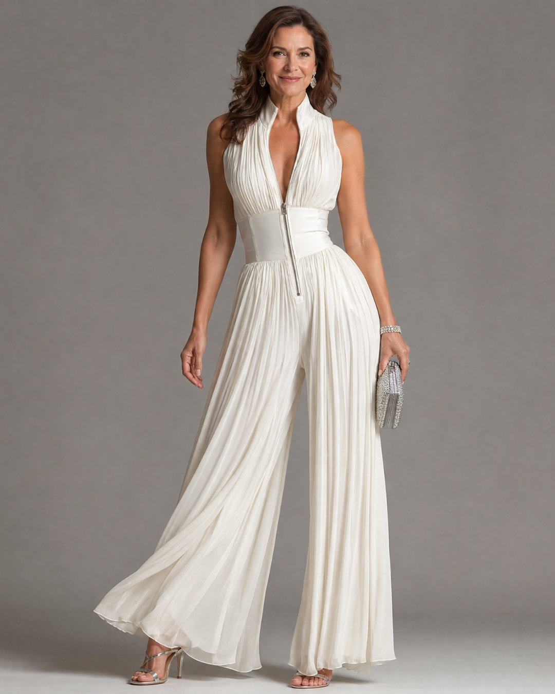Zakira | Pleated Halter Neck Wide Leg Jumpsuit