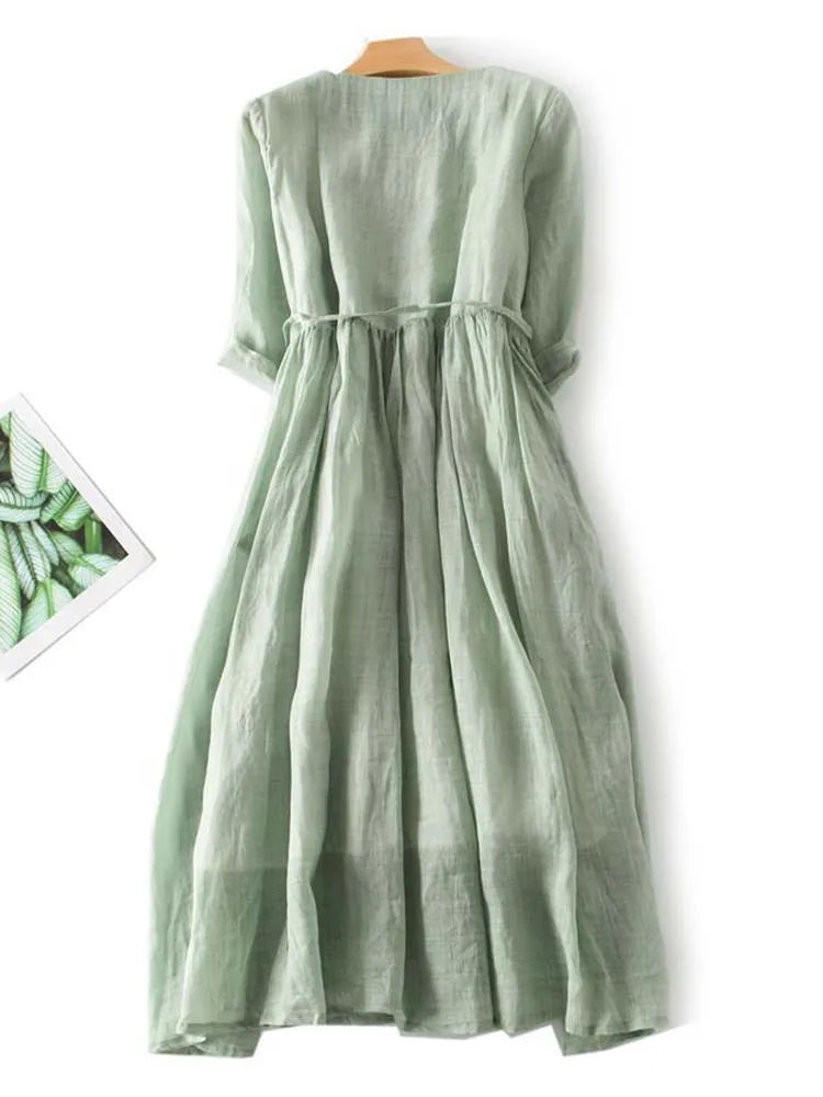 Arya - Womens Art Retro Round Neck Lace Up Waist Dress