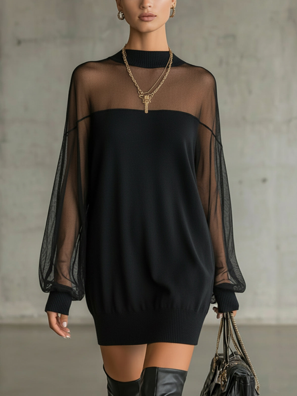 Amélie™ | Elegant Black Mini Dress with Mesh Sleeves