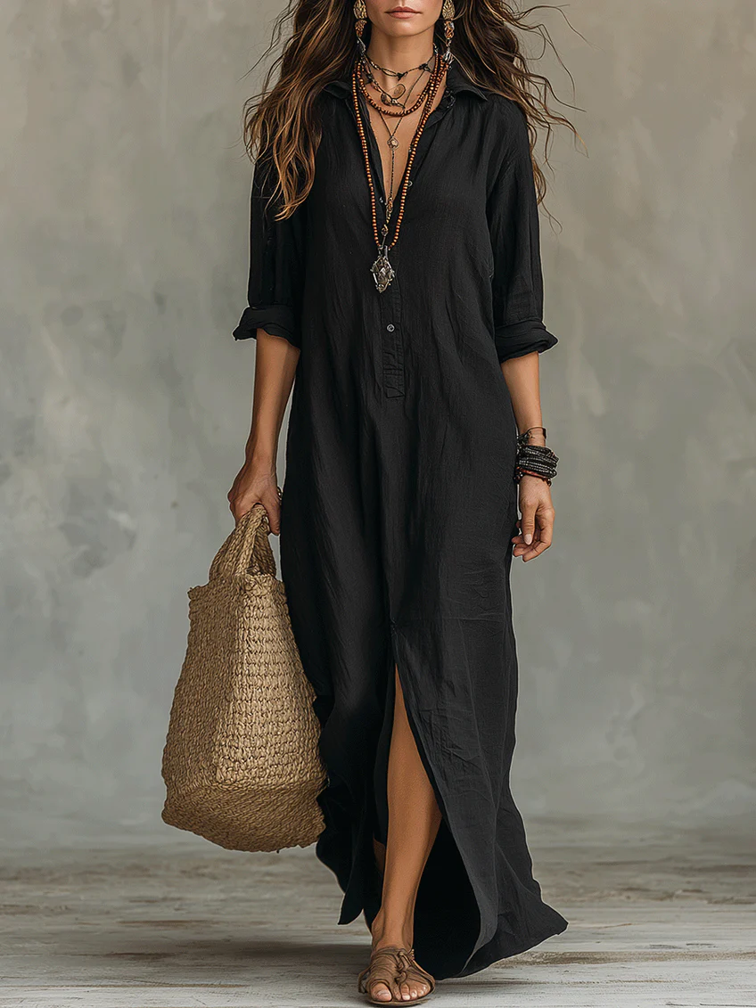 Soline™ | Loose Black Maxi Dress with Buttons