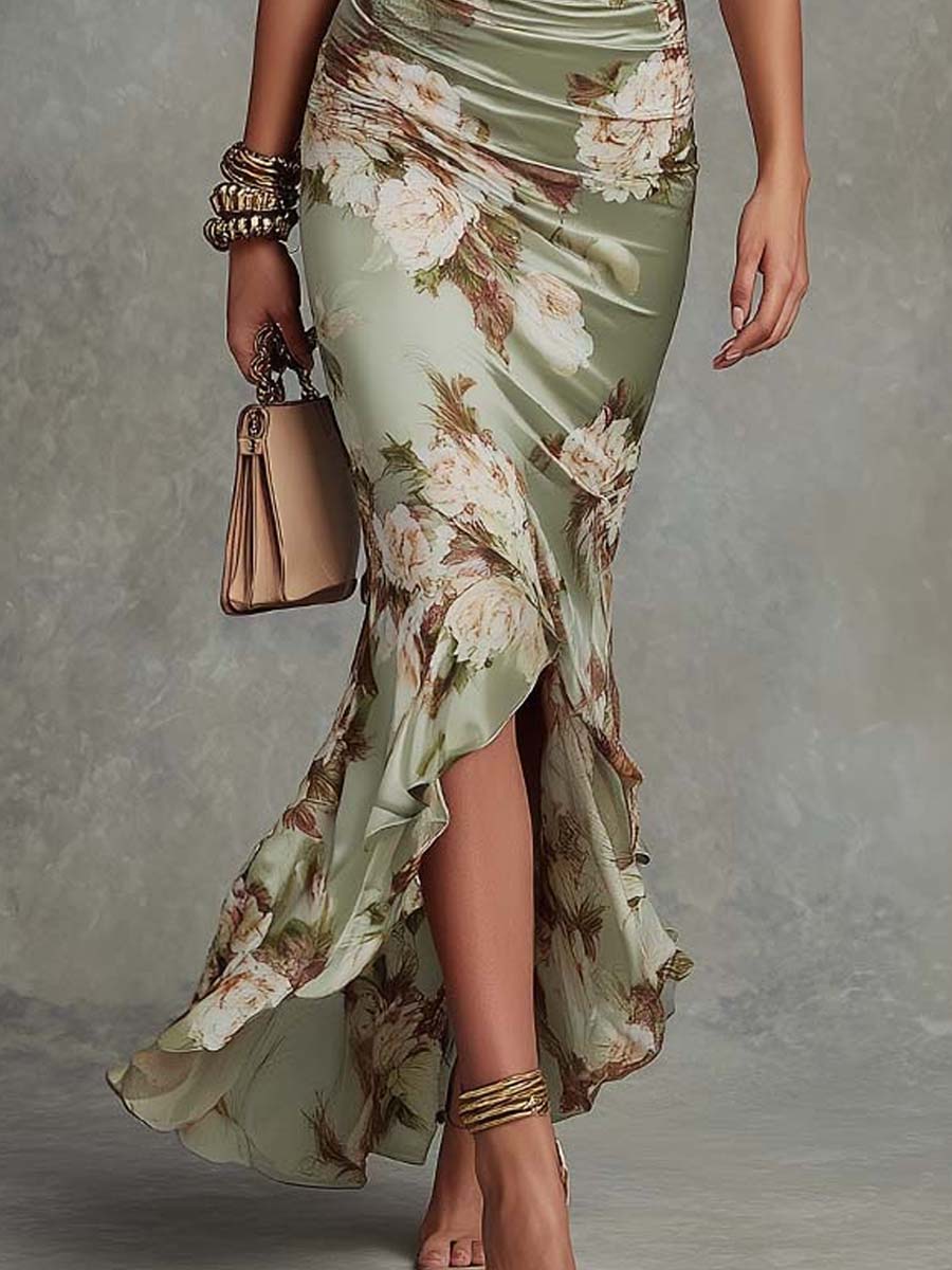 Anastasia | Asymmetrical Long Green Satin Dress