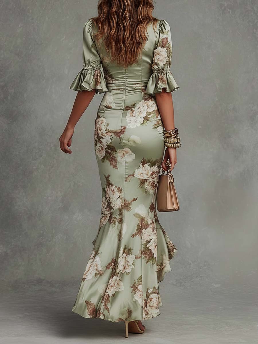 Anastasia | Asymmetrical Long Green Satin Dress