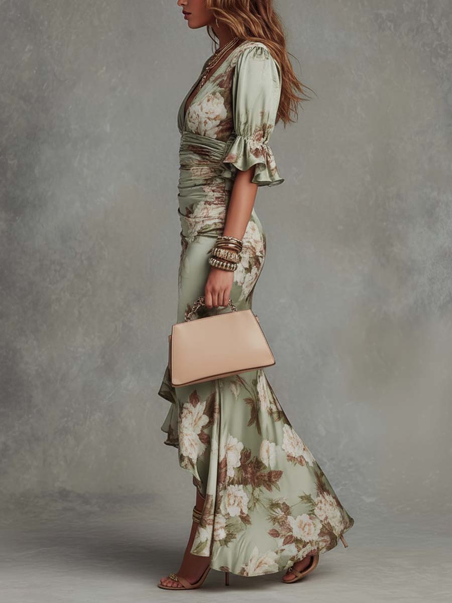 Anastasia | Long Satin Dress with Floral Print