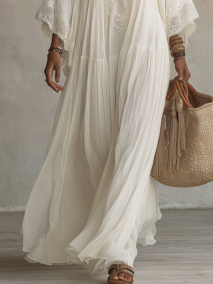 Celeste | Ivory Chiffon Long Dress with Batwing Sleeves and White Lace