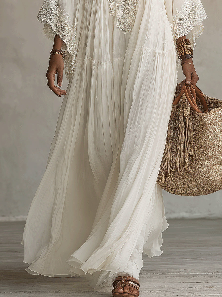 Celeste | Ivory Chiffon Long Dress with Batwing Sleeves and White Lace