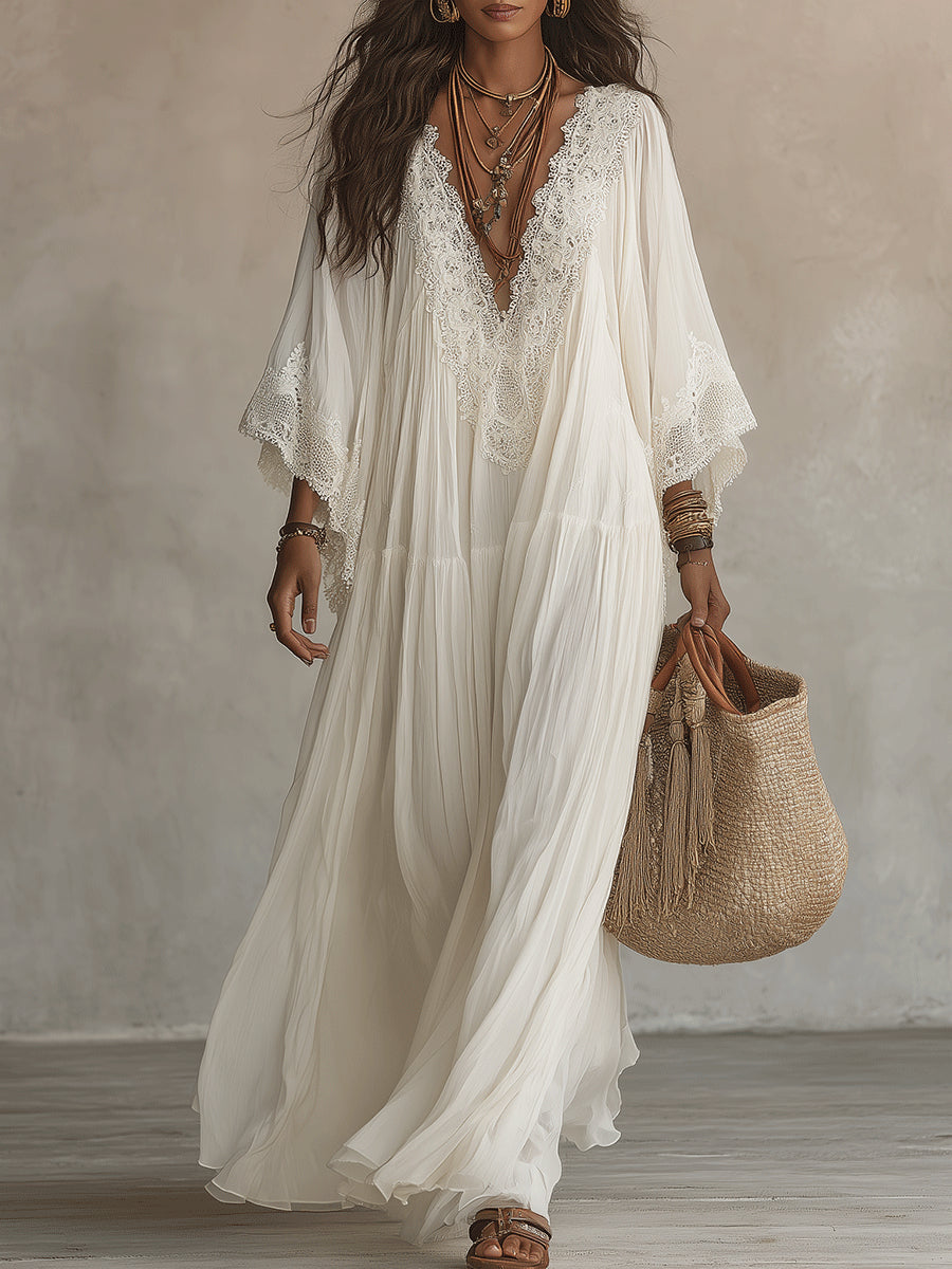 Celeste | Ivory Chiffon Long Dress with Batwing Sleeves and White Lace