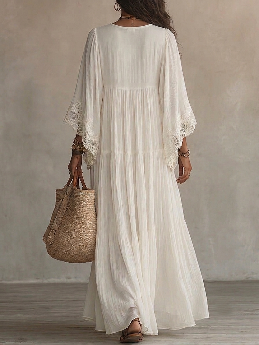Celeste | Ivory Chiffon Long Dress with Batwing Sleeves and White Lace