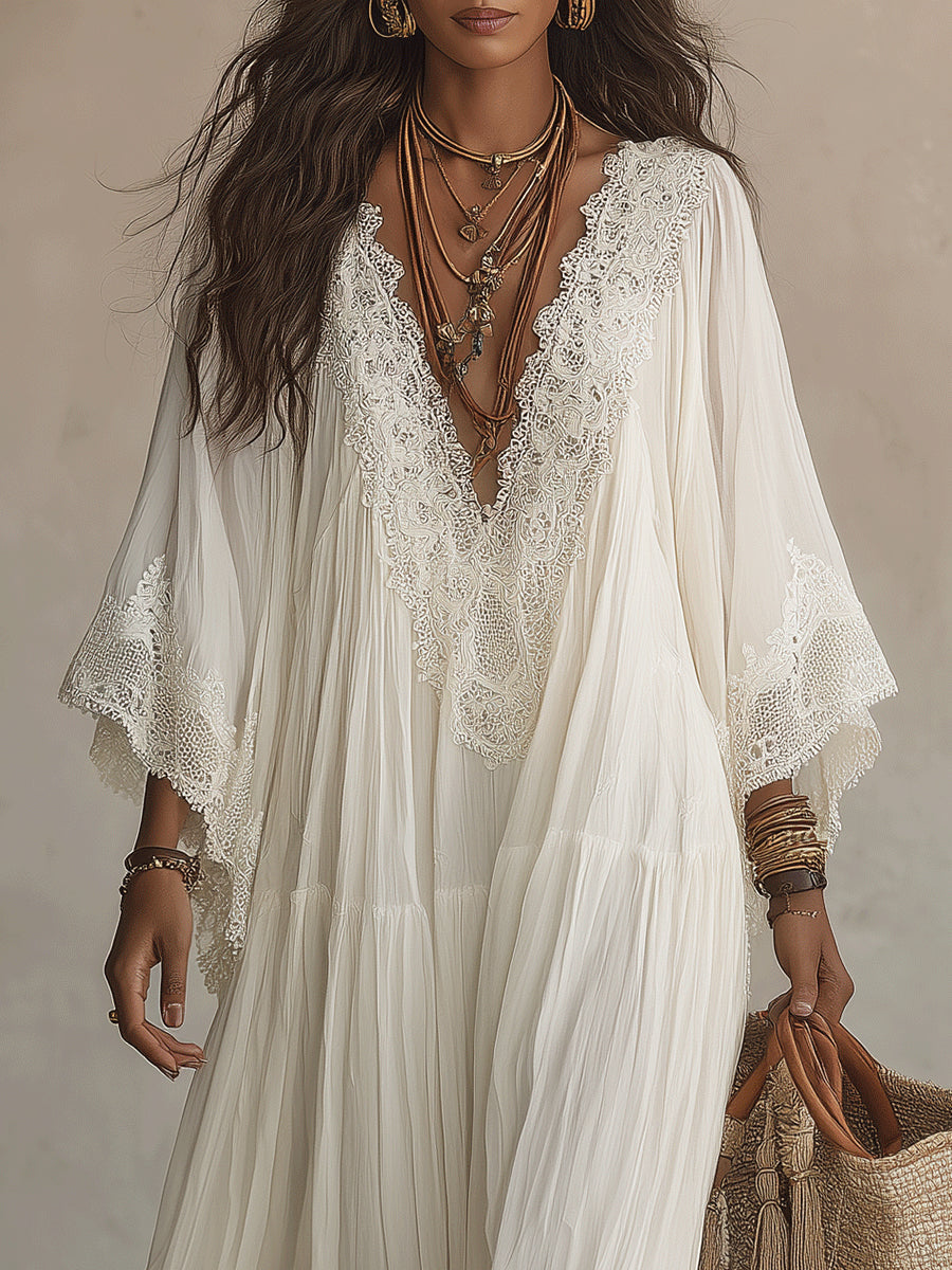 Celeste | Ivory Chiffon Long Dress with Batwing Sleeves and White Lace