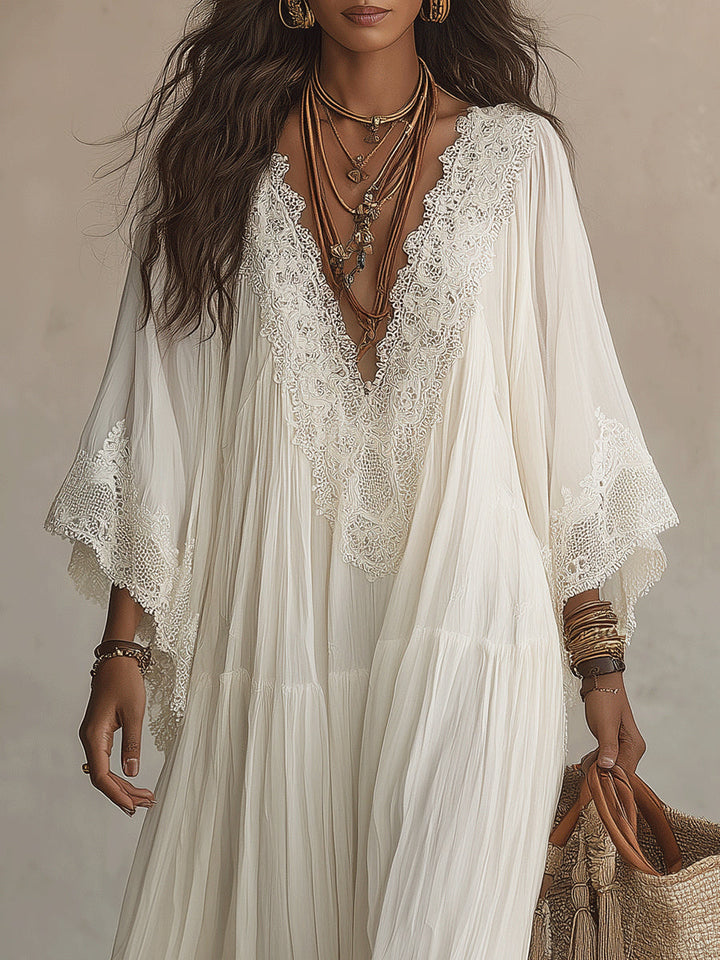 Celeste | Ivory Chiffon Long Dress with Batwing Sleeves and White Lace