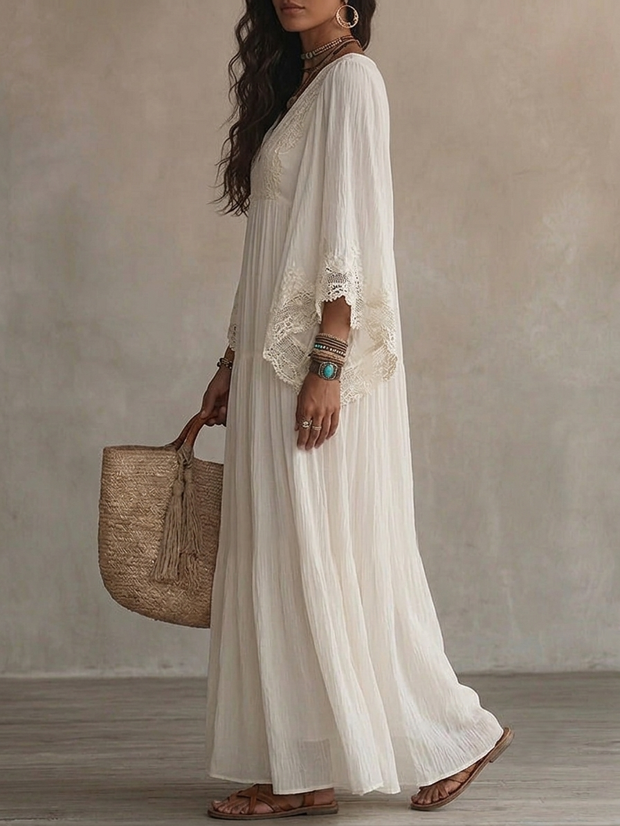 Celeste | Ivory Chiffon Long Dress with Batwing Sleeves and White Lace