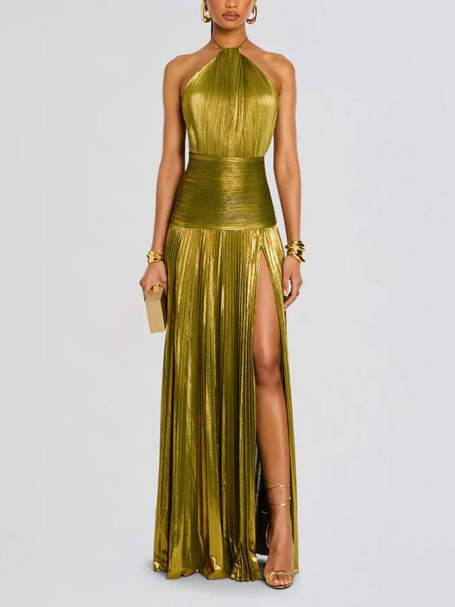 Trendy Metallic Plissé Halter Gown