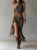 Marianna™ | Asymmetrical long dress with ethnic print and side slit