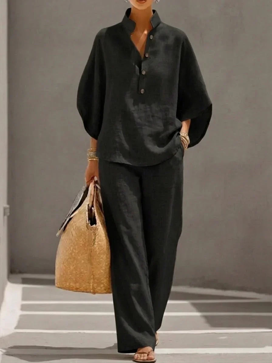 Maribel™ | Linen set with batwing sleeves and wide pants