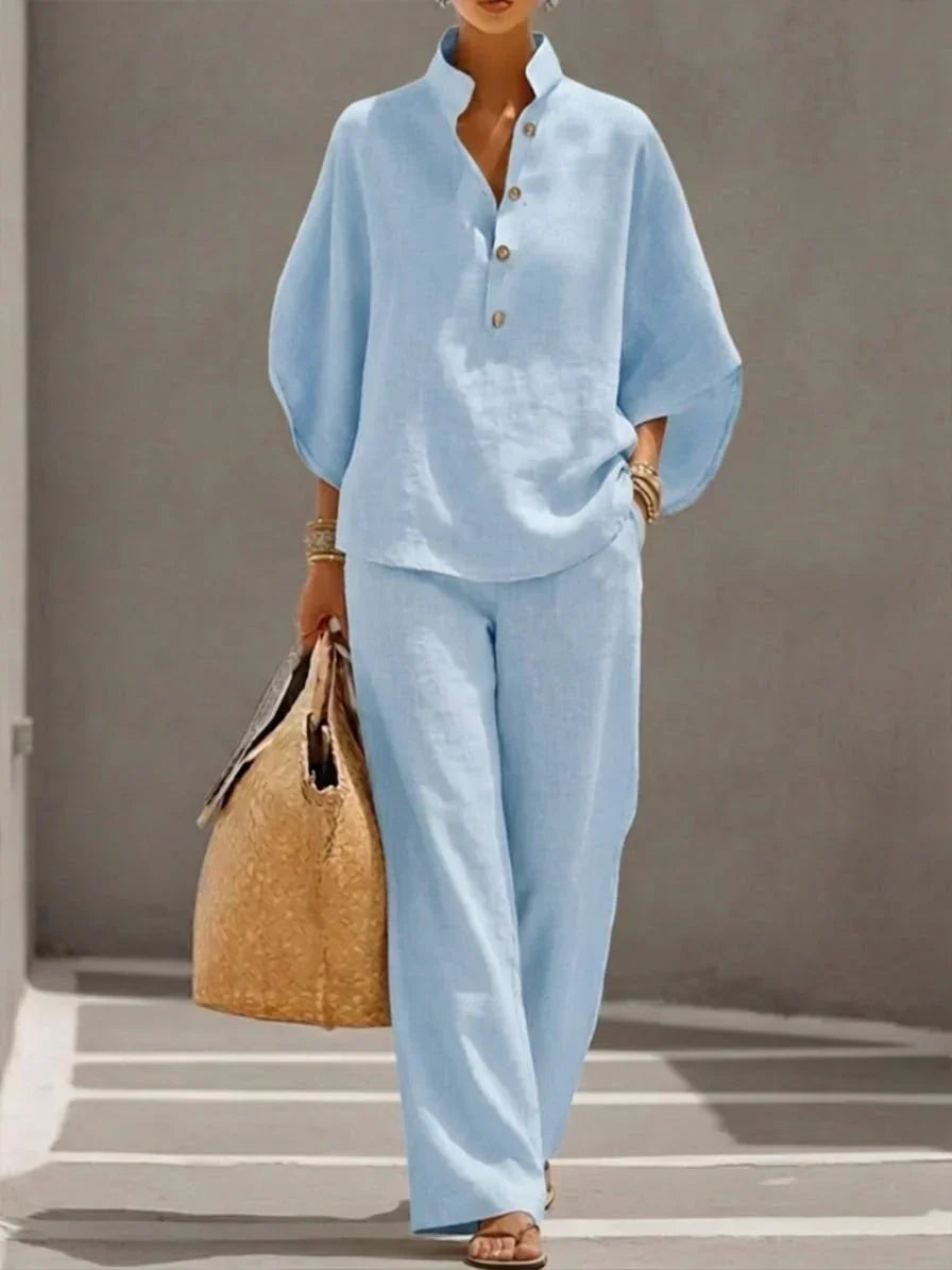 Maribel™ | Linen set with batwing sleeves and wide pants