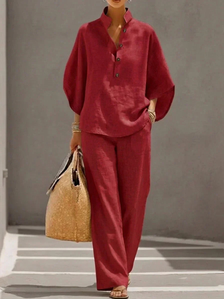 Maribel™ | Linen set with batwing sleeves and wide pants