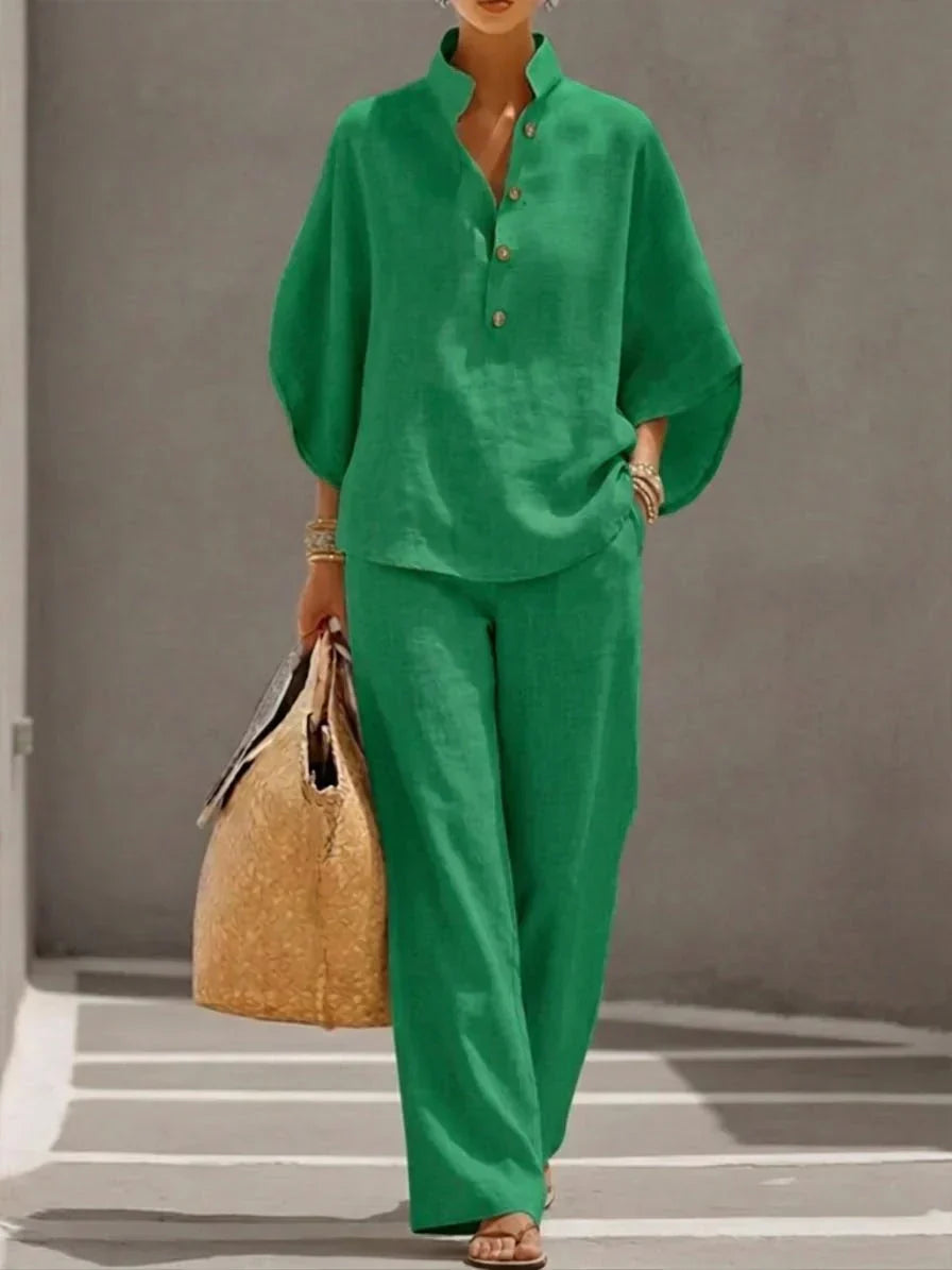 Maribel™ | Linen set with batwing sleeves and wide pants