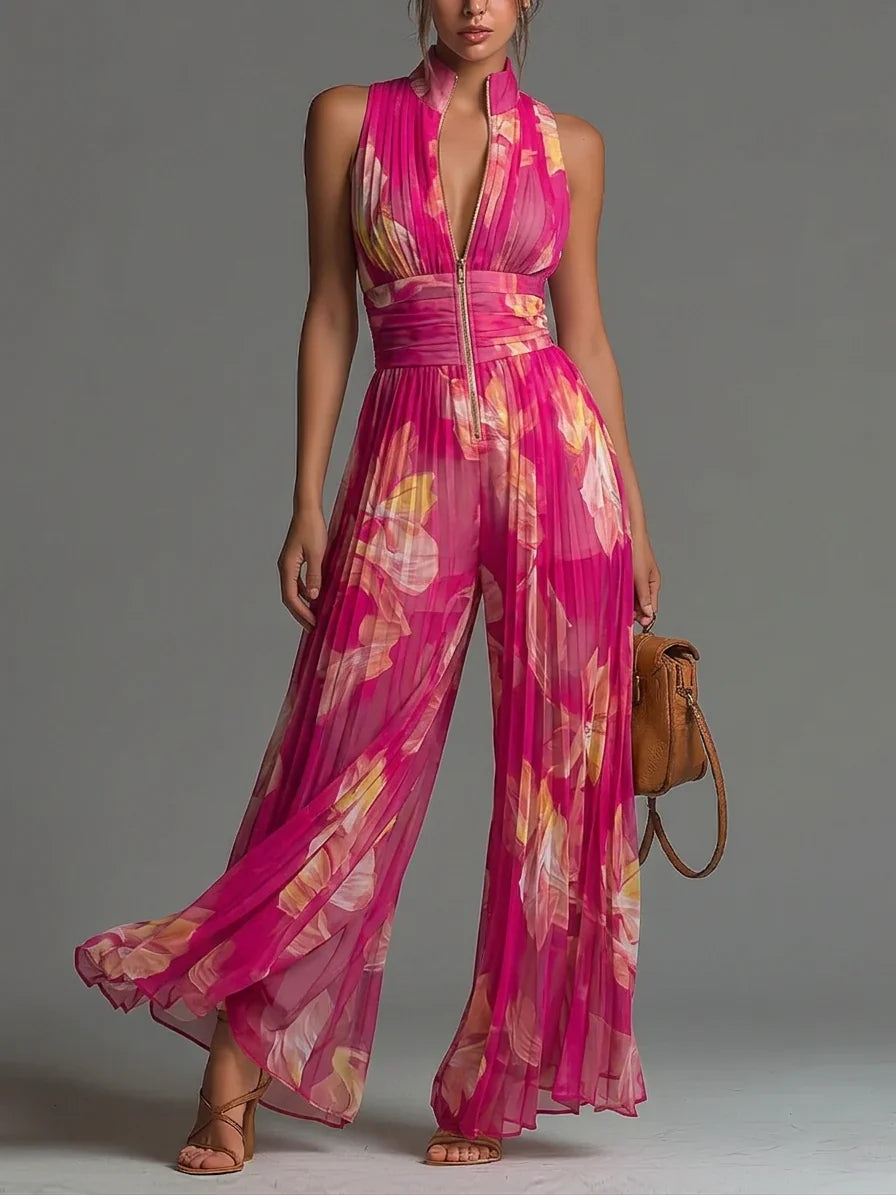 Zakira | Pleated Halter Neck Wide Leg Jumpsuit