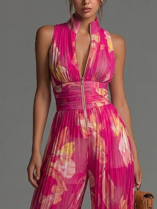 Zakira | Pleated Halter Neck Wide Leg Jumpsuit