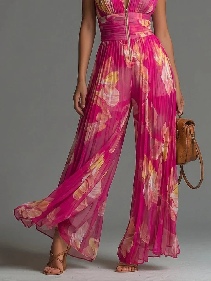 Zakira | Pleated Halter Neck Wide Leg Jumpsuit
